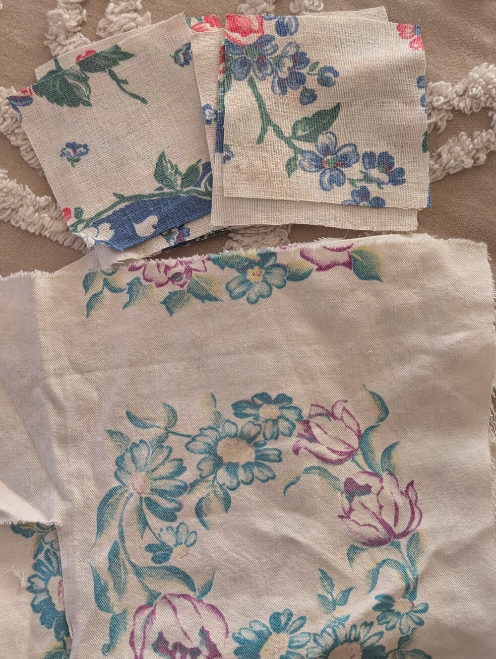 Bundle of vintage tablecloth scraps, floral scraps for repairs